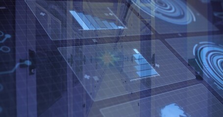 Projecting UI panels displaying bar charts over racks in server room, with node icons, grid overlay