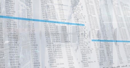 Displaying tabular data overlay with horizontal blue line, network cables over racks in data center