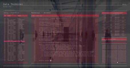 Displaying computer terminal interface overlaying marble-floored corridor, with IP passphrase panel