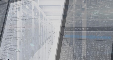 Server rack cabinets extending in data center corridor, with network cables and code overlays