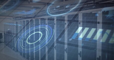 Server cabinets showing in LED-lit data hall, with cable trays, raised floor, holographic overlays