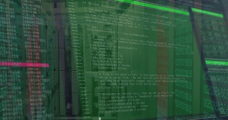 Lining server racks down data center aisle, with programming code overlay and blinking LEDs