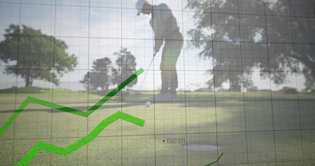 Merging mature male golfer putting ball on putting green, with clear performance data overlay