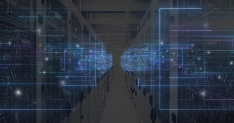 Displaying aisle between server racks in data center, with cable panels, LEDs, holographic overlays