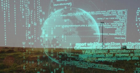 Floating semi-transparent wireframe globe hovering over grassy meadow, with neon-green code streams
