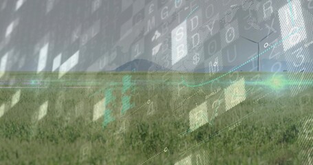 Displaying grassy field on farmland showing floating data streams, with distant wind turbines