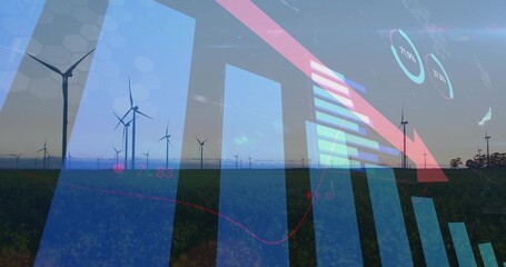Displaying wind turbine spinning on grass field, with digital energy analytics overlays