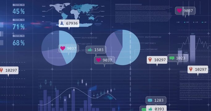 Displaying dashboard presenting charts on PC, with world map, pie, bar, line charts, social icons - Powered by Adobe