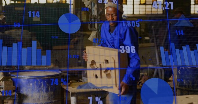 Male worker wearing blue coveralls and knit cap grasping wooden mold in factory, with data charts