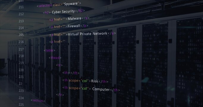 Displaying HTML code overlay floating across data center corridor, with black server racks