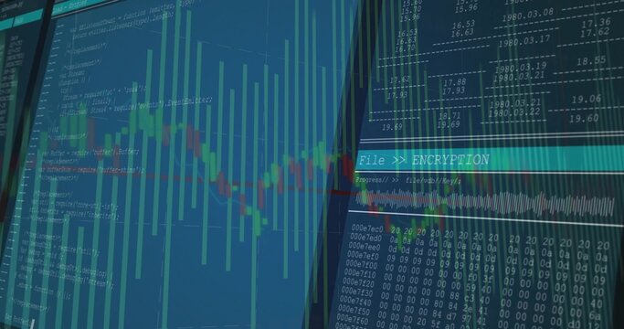 Displaying monitors showing encryption status bar, hex dump and chart in tech workspace, copy space - Powered by Adobe