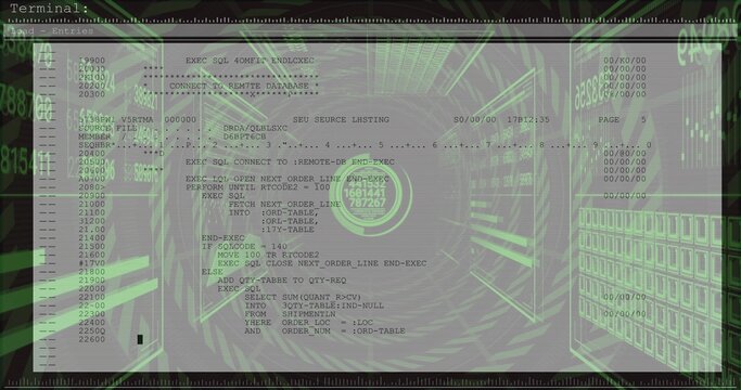 Displaying terminal window showing SQL code in green wireframe tunnel, with floating numeric panels