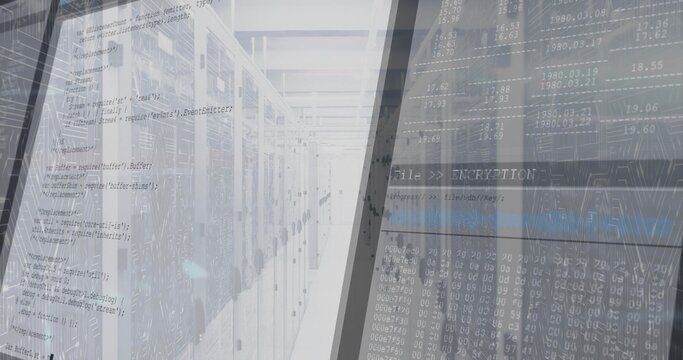 Server rack cabinets extending in data center corridor, with network cables and code overlays - Powered by Adobe