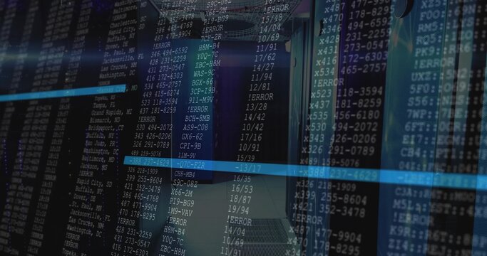 Extending central server racks lining data center corridor, with superimposed code overlay