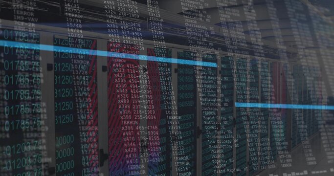 Server racks humming in data center, with switches and patch cables, LEDs and digital code overlay