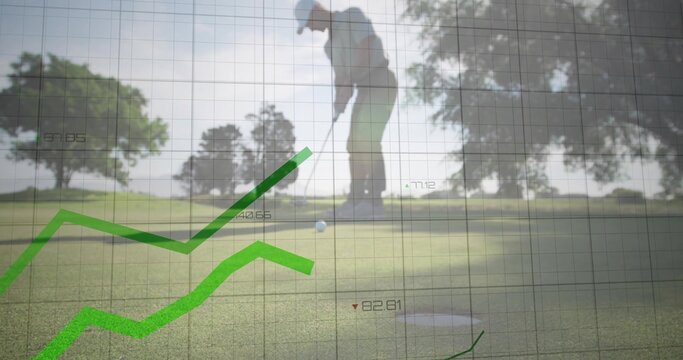 Merging mature male golfer putting ball on putting green, with clear performance data overlay - Powered by Adobe