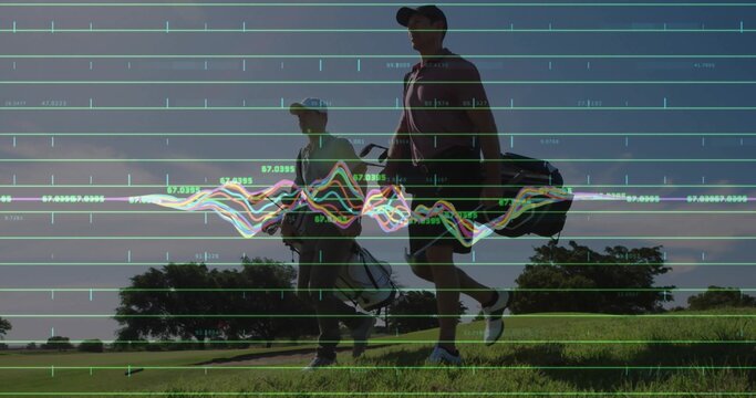 Walking father and son carrying golf bags across fairway, overlaid digital grid lines and waveforms