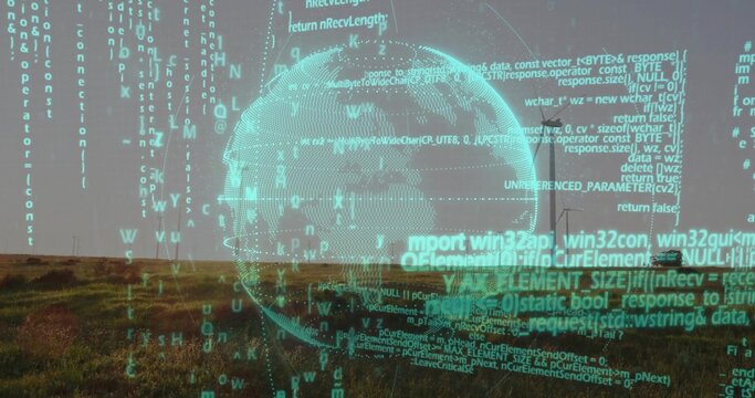 Floating semi-transparent wireframe globe hovering over grassy meadow, with neon-green code streams - Powered by Adobe
