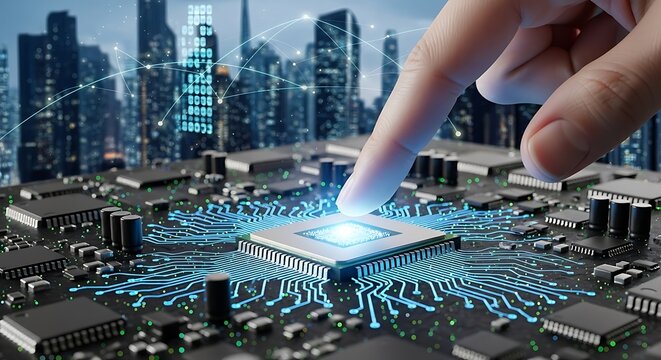 Modern Technology - Finger Touching a Glowing Microchip in a Futuristic City.
