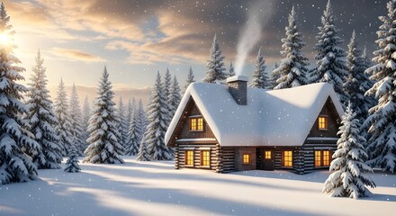 Naklejka premium Cozy Log Cabin in Snowy Winter Forest at Sunset – Copy-Space Left