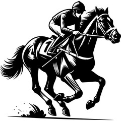 Obraz premium Horse Racing Silhouette: A monochrome illustration captures the dynamic energy of horse racing, a skilled jockey in full stride atop a powerful steed, galloping towards victory
