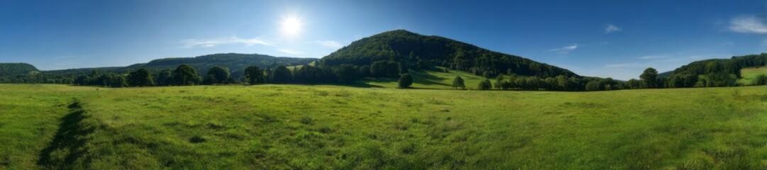 Fototapeta premium Panoramic hdr landscape of rolling hills in nature vibrant green environment