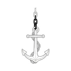Illustration of a classic anchor with chain, isolated on white background the anchor is drawn in a vintage style, evoking a sense of maritime history and seafaring