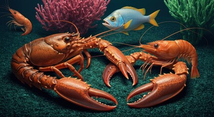 Two lobsters facing off near coral, with a fish and shrimp in the blue ocean