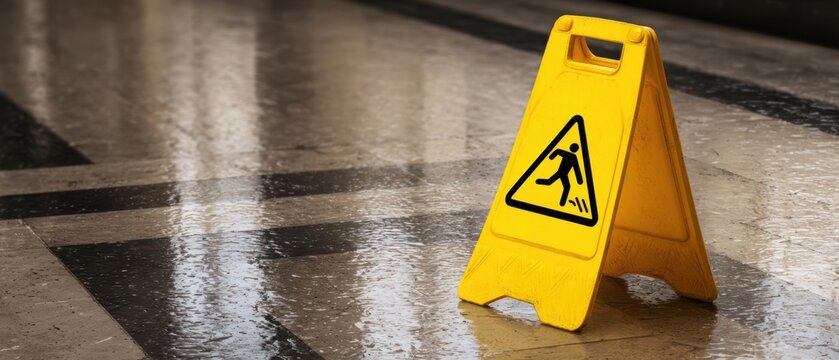 The yellow wet floor caution sign standing on glossy wet tiled floor indoors