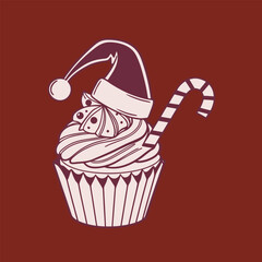 cupcake-with-santa-hat-and-candy-cane-illustration on maroon.eps