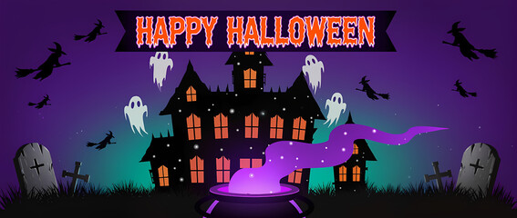 Happy Halloween banner, haunted house silhouette, floating ghosts, witches on broomsticks, glowing cauldron, purple smoke, tombstones, eerie lighting
