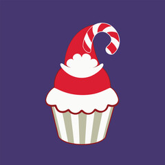Cupcake with Santa hat and candy cane illustration silhouette on blue