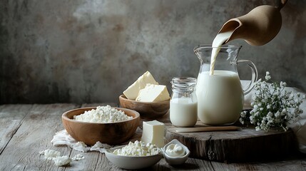 Still life with dairy products pouring fresh milk