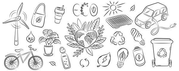 Hand Drawn Eco Doodle Collection — Sustainable Living, Renewable Energy, and Zero Waste Icons