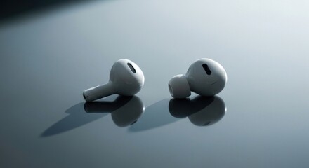 Two white wireless earbuds casting shadows on a smooth, gray surface