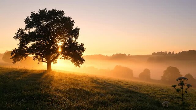Scenic landscape with tree and sun rays at sunrise, peaceful scenery