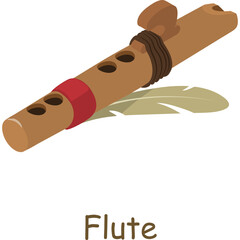 Native American Wooden Flute with Feather Accent and Red Band Detail Set Against a Transparent Background Minimalist Isometric Style Illustration