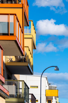 Modern residential building with colorful balconies in the district of Stora Ursvik Stockholm Sweden showing contemporary Scandinavian design