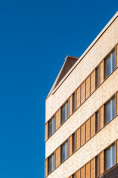 Corner view of modern apartment building with geometric shapes in the district of Stora Ursvik Stockholm Sweden showing minimalist architecture