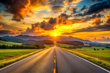 Naklejka premium A long road stretches toward the mountains at sunset