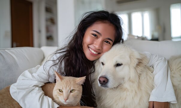 a young indonesian woman playing happily with her pet dog and cat inside a cozy modern home