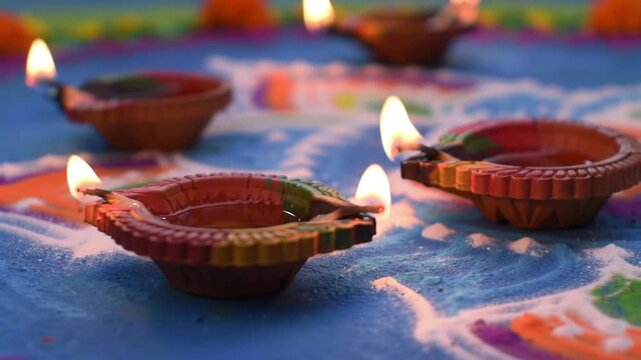 Traditional Clay Diyas Burning Brightly on Colorful Rangoli for Diwali.