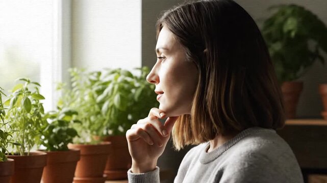 Woman gazes out window at potted herbs on windowsill indoors.