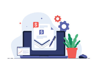 Digital invoice management and financial accounting system on a laptop.