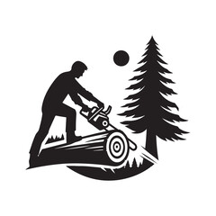 Fototapeta premium Cartoon vector illustration of a person chopping wood in the middle of the forest in a cool style