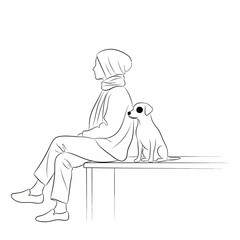 A minimalist line art illustration isolated on white background of a woman in hijab sitting on a bench with her dog, creating a serene and heartwarming scene