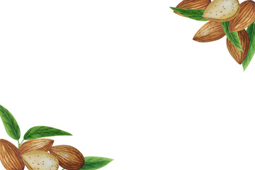 Watercolor almond frame. White background. For design, backgrounds