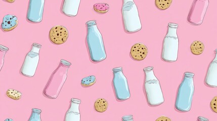 Seamless pattern of different types of milk bottles and cookies on a pink background. the bottles are of different sizes and shapes, with some being transparent and others being white.