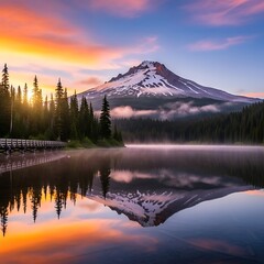 Mount Hoods Reflection - A Serene Sunrise Over Trillium Lake.