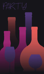 Alcohol bottle set, flat design, gradient, dark background, restaurant poster, wine list, alcohol menu. Bar banner, drink party, brandy, rum, cognac, whiskey, red wine, drinking, alcoholism concept